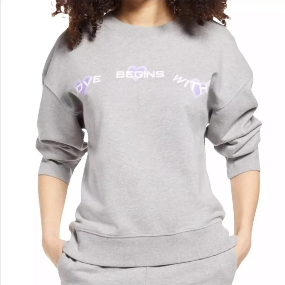 BP Love Begins Within Graphic Print Pullover Sweatshirt Long Sleeve Terry Gray